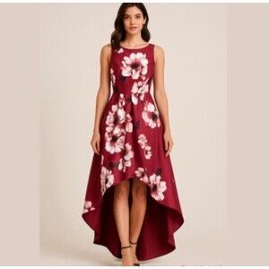 Tahari Arthur S Levine Dress Womens 4 Burgundy Floral High Low Sleeveless Formal